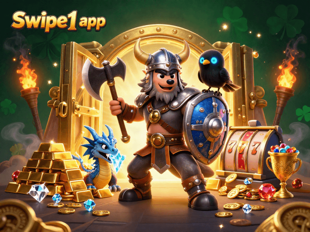 Engage in thrilling wins with the Swipe1 app, featuring dynamic slot reels and treasure elements.