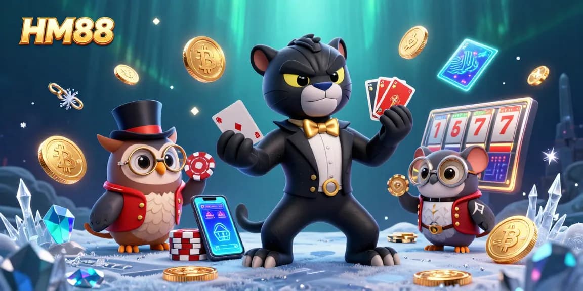 Engage in thrilling gambling adventures with HM88, featuring a tuxedo panther dealing cards alongside an owl and mouse.