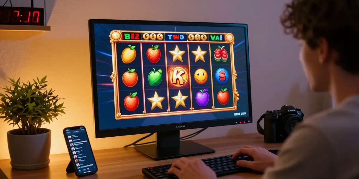 Player focused on slot game on computer, vibrant graphics and cozy atmosphere enhance online gambling experience.