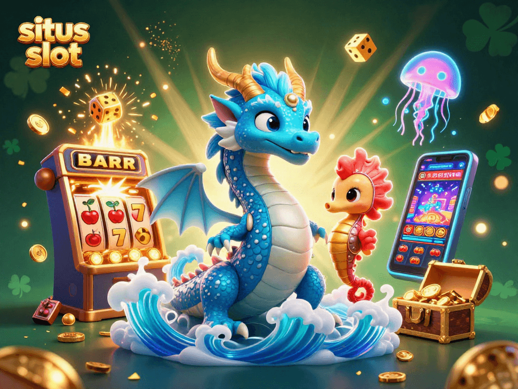 Experience situs slot action with a vivid 3D illustration of a water dragon and seahorse knight amidst casino treasures.
