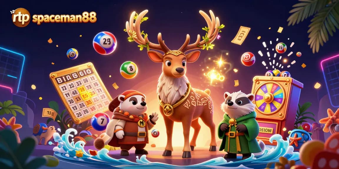 Engage with rtp spaceman88 in an ultra-detailed 3D casino illustration featuring a druid stag and lottery elements.
