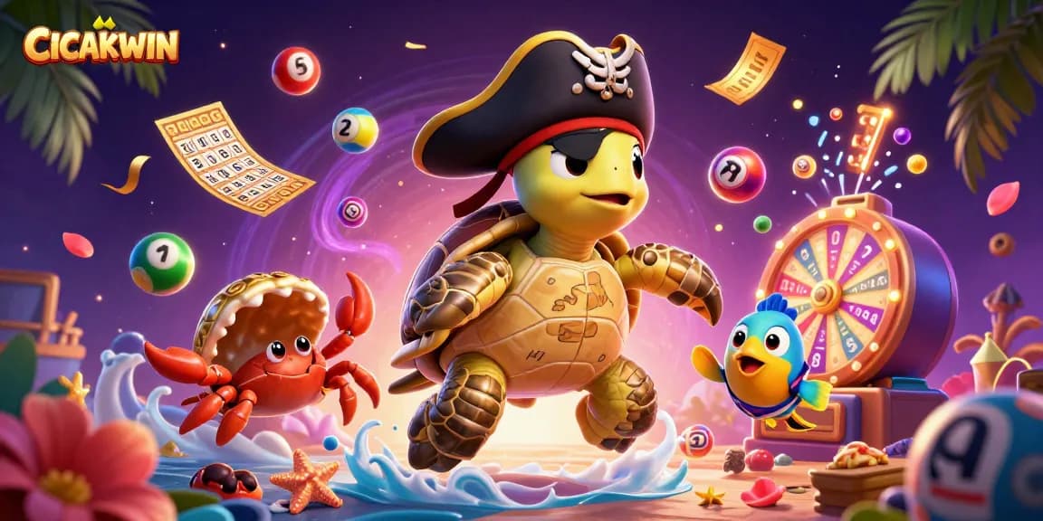 CICAKWIN showcases a lively 3D illustration featuring a pirate turtle, hermit crab, and parrotfish amid dynamic lottery elements.