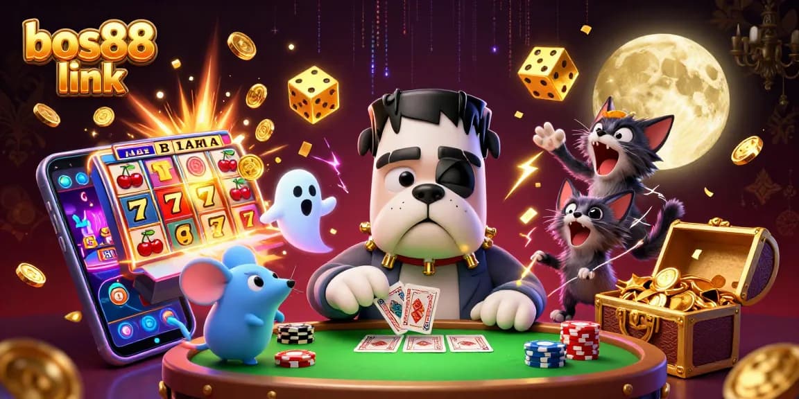 Experience thrilling gaming at bos88 link, where cartoon characters deal cards in a vibrant casino scene.
