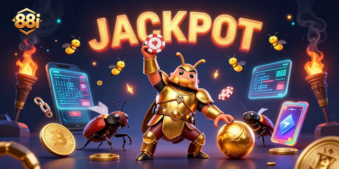 Engage with 88i's vibrant casino scene featuring a beetle hero celebrating a jackpot win.