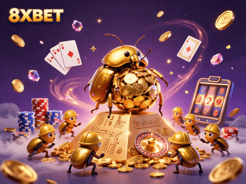 Experience thrilling gaming adventures with 8XBET, as golden beetles roll coins towards big wins!