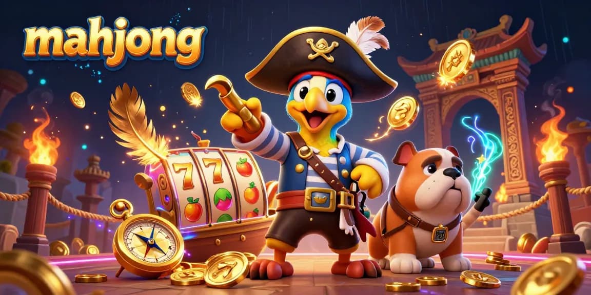 Engage in mahjong gaming fun with a vibrant 3D scene of a pirate captain and friends amid slot elements.