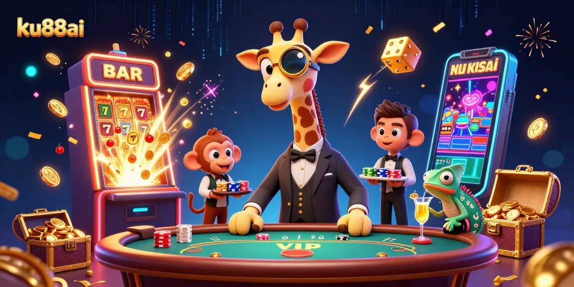 Experience winning moments at ku88ai with a vibrant 3D casino scene showcasing a high-roller giraffe and exciting game elements.