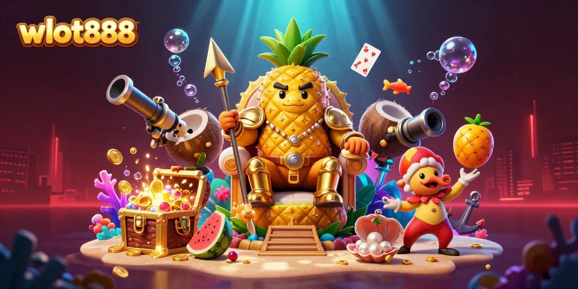 Kios topup game online wslot888, ilustrasi 3D raja nanas emas bersenjatakan buah di kasino beach.
