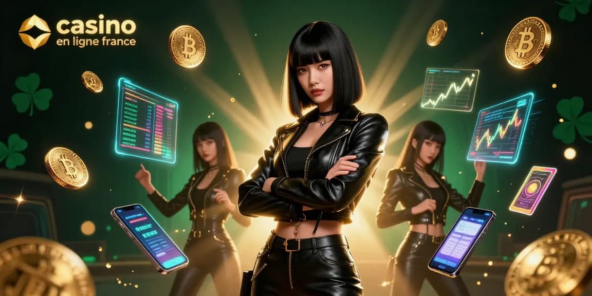 Scène engageante d'une femme présentant un casino en ligne France avec des pièces de Bitcoin et d'Ethereum, rayonnant d'excitation.