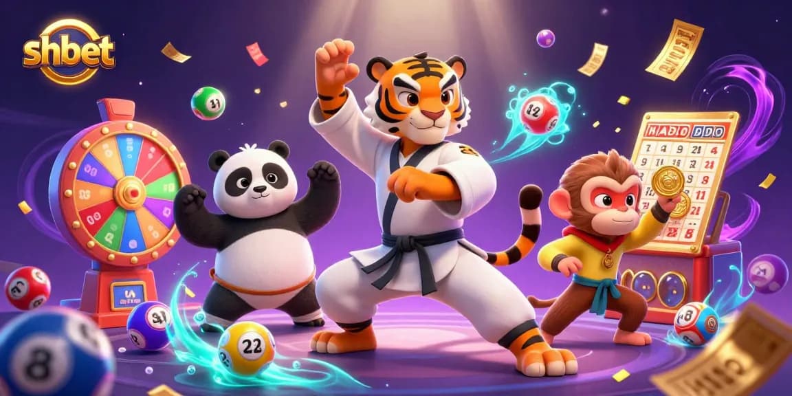 Engage with shbet in a vibrant casino scene featuring a kung fu tiger master, panda disciple, and lively lottery elements.