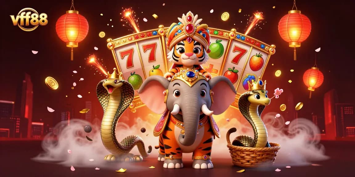 Experience the thrilling world of vff88 with vibrant slot reels, an elephant, and festive elements lighting up the scene.