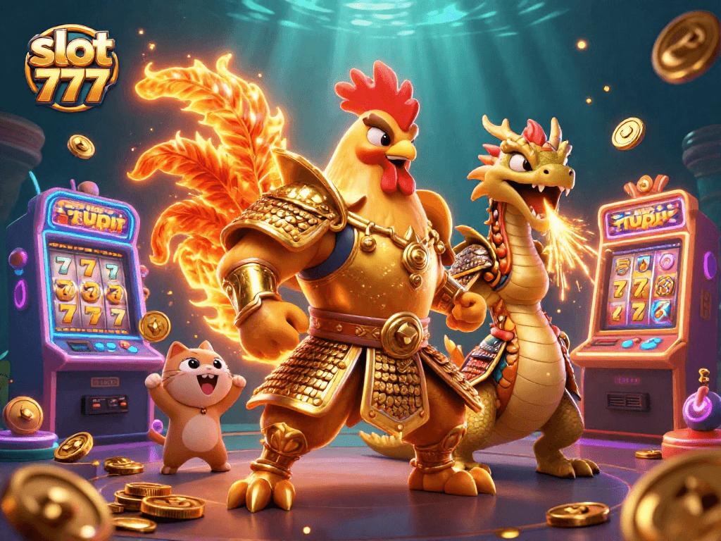 Experience the excitement of slot 777 with dynamic gaming characters in a vibrant casino scene.
