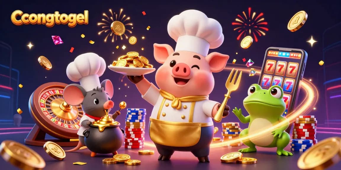 Engage with congtogel as a chef pig serves golden coins amidst a lively casino scene.