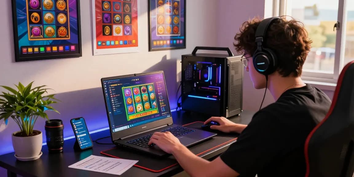 Gamer playing on a laptop with colorful slot game interface showcasing agen gacor bonuses in a lively and modern gaming setup.