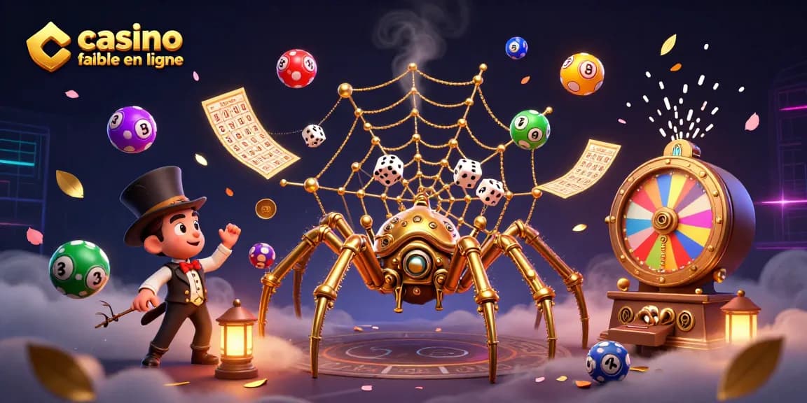 Jouer sur un casino fiable en ligne avec une illustration détaillée d'une araignée steampunk tissant une toile en or.