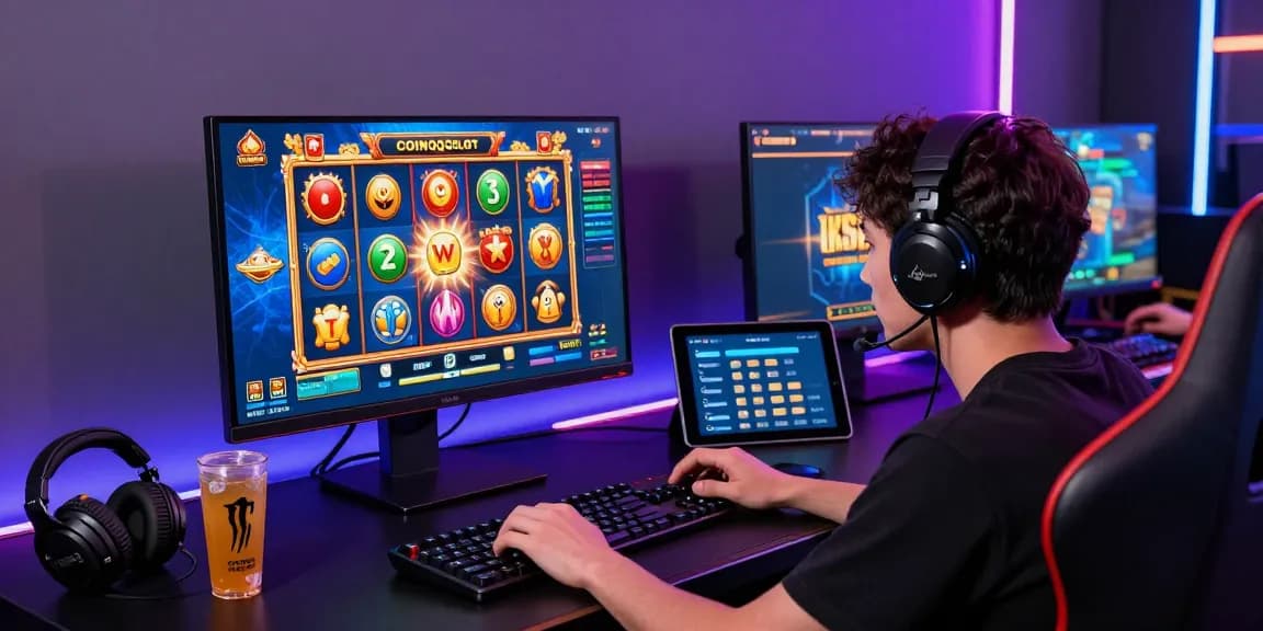 Exciting online gaming setup showcasing a player engaging with info slot promotions on dual monitors filled with vibrant graphics and bonuses.