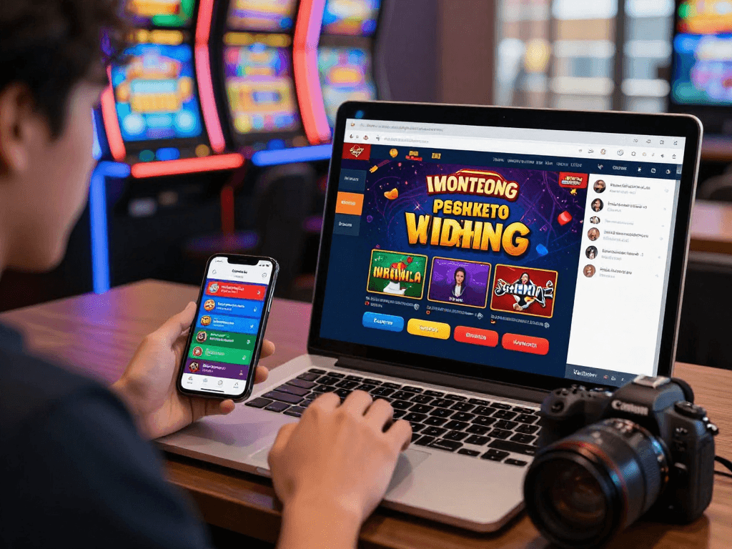 Engaging online gambling environment showcasing a user on a platform exploring pasaran togel with vibrant slot machines and community chat.