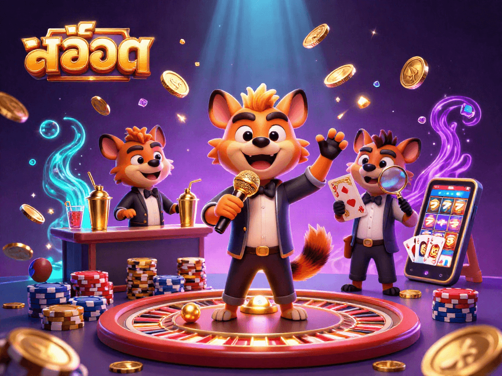 Engage in exciting สล็อต gameplay with a 3D hyena casino scene bursting with elements.