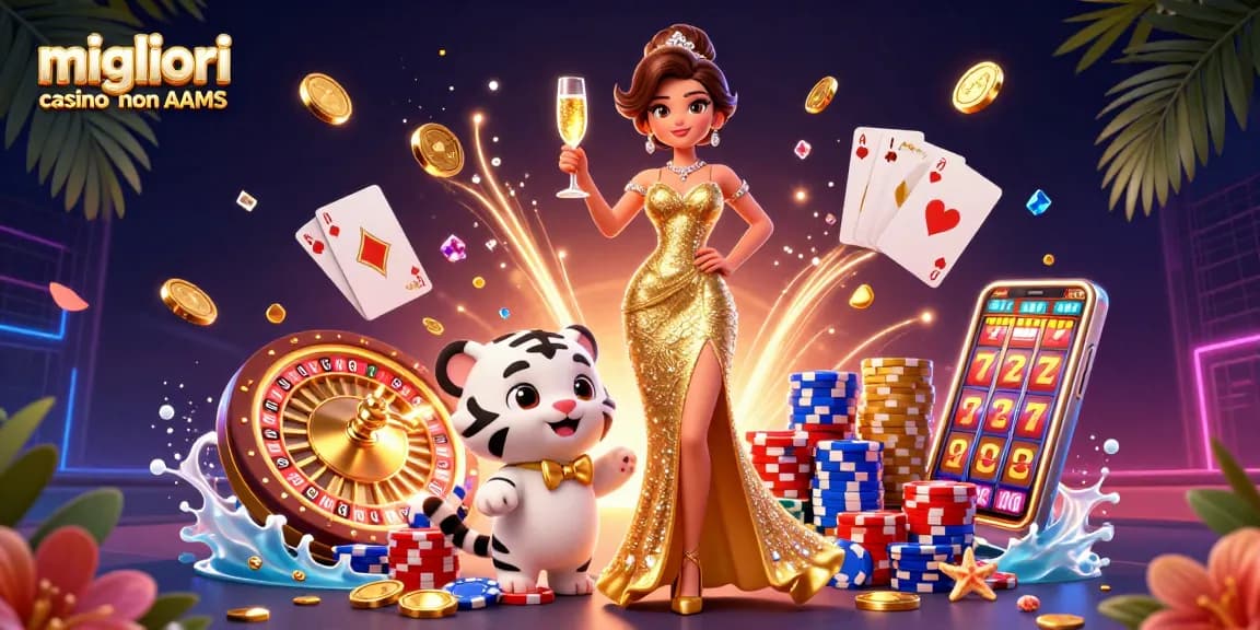 Vivi l'emozione con i migliori casino non AAMS con una donna glamour, una tigre fortunata e ricchi elementi di casinò.