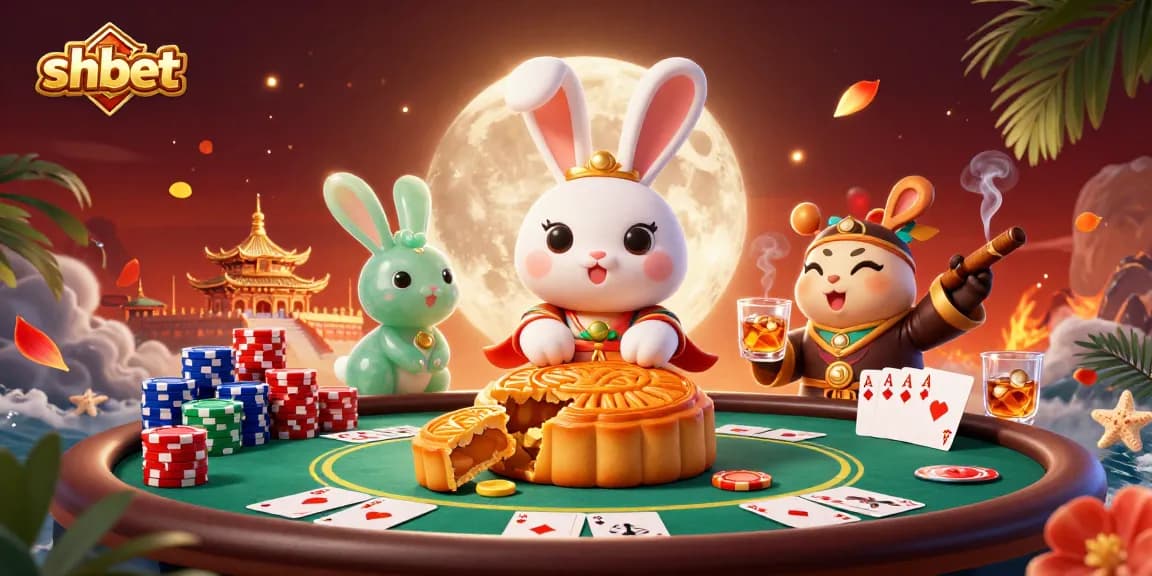 Engage in shbet gaming as a moon rabbit unveils poker chips from golden mooncakes on a lunar stage.