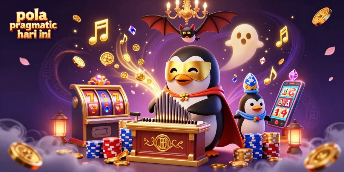 Pola pragmatic hari ini illustrates a thrilling casino scene with cartoon characters, slot symbols, and vibrant gambling details.