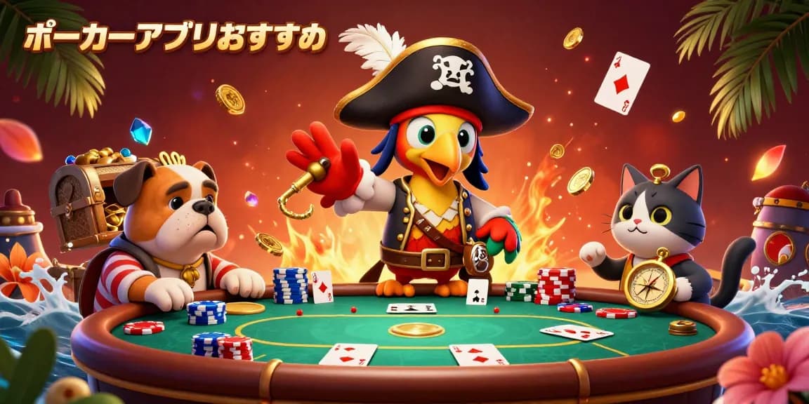 ポーカーアプリおすすめのシーンで、パイレーツキャプテンとともにポーカーテーブルの賑やかな様子を描いた3Dイラスト。
