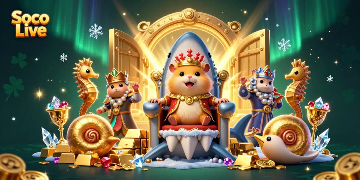 Soco Live platform showcases a vibrant gambling scene with a passionate hamster king and royal seahorse guards amid treasure.