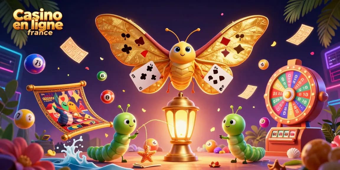 Jouez aux jeux de casino en ligne France avec cette illustration vibrante et dynamique de jeux et d'éléments de loterie.