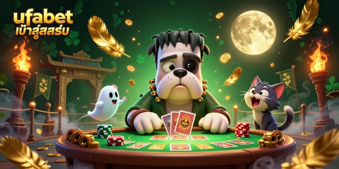 Engage with ufabet เข้าสู่ระบบ as a Frankenstein bulldog monster deals cards at a spooky casino table.