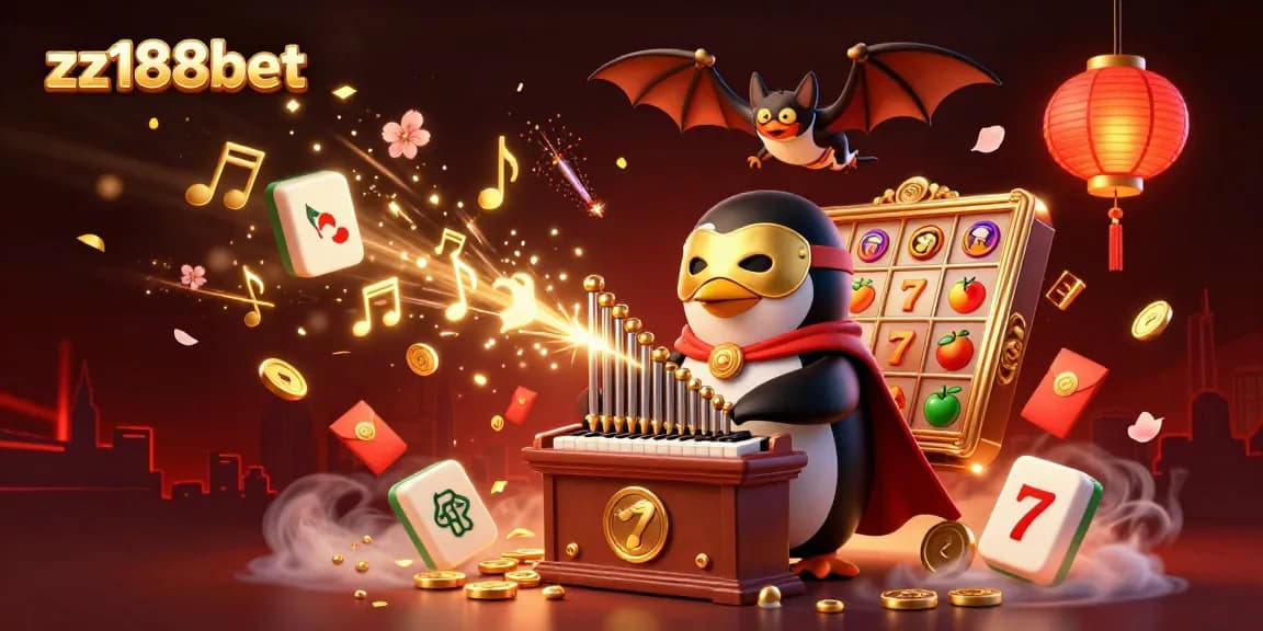 Engage with zz188bet in a vibrant 3D illustration featuring a whimsical penguin at play with golden casino elements.