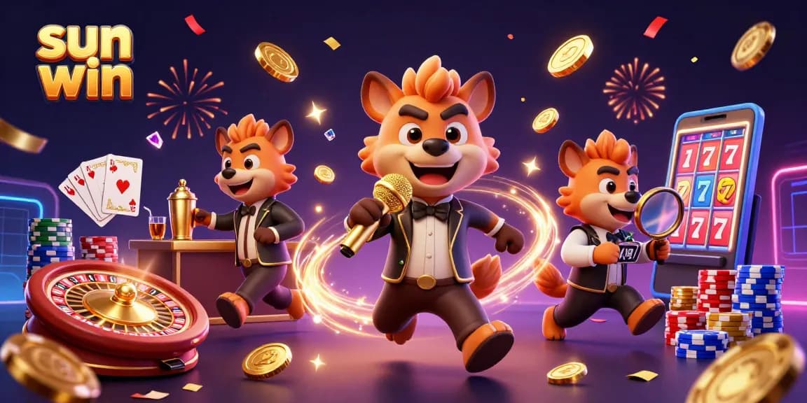Engage with sun win casino fun as hyenas mix drinks and entertain in a vibrant 3D illustration.