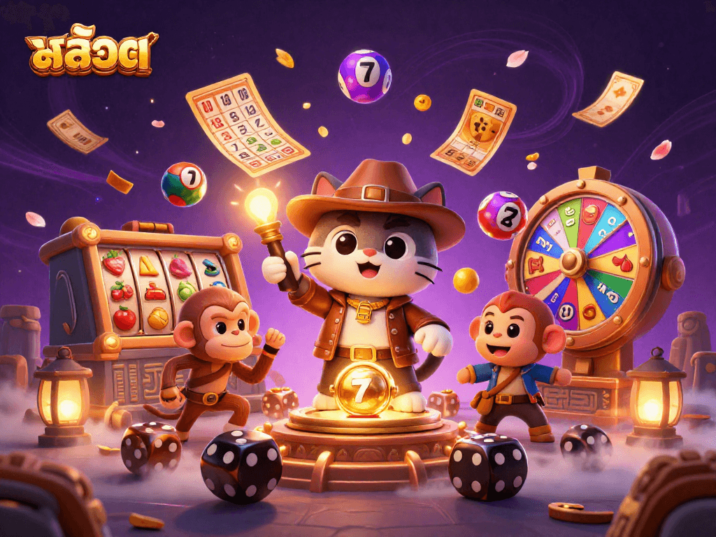 Experience สล็อต action with a 3D illustration of playful casino elements and vibrant characters.