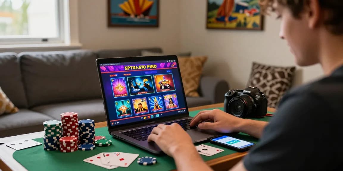 Engaging player exploring online casinos Australia with poker chips and gaming graphics