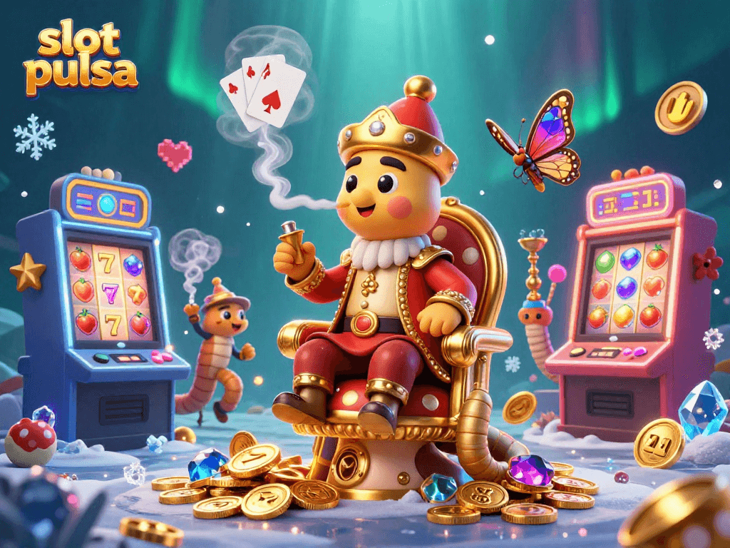 Engage in thrilling slot pulsa games as vibrant characters celebrate winning moments in this 3D casino scene.