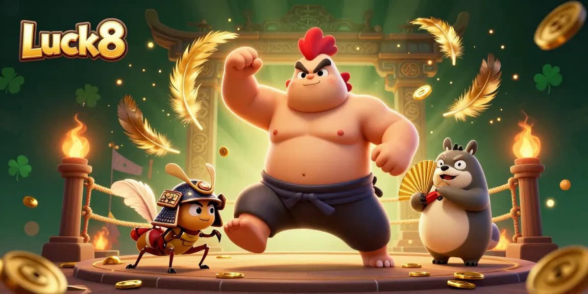Luck8 showcases a vibrant 3D casino scene with a powerful sumo rooster and dynamic gameplay elements.
