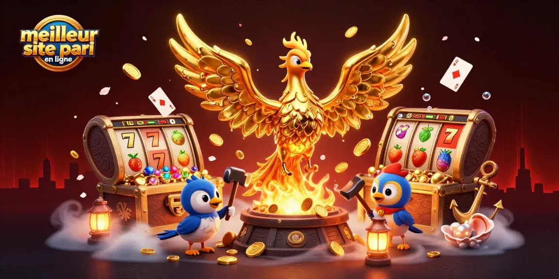 Découvrez le meilleur site de paris en ligne avec une illustration unique d'un phoenix doré dans un univers de jeux