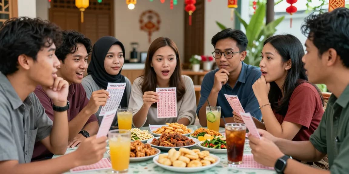 Teman-teman merayakan nomor rejeki mereka dengan makanan tradisional Indonesia di meja, berbagi kebahagiaan.