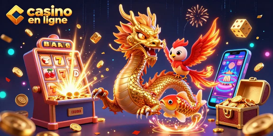 Vivez des moments palpitants au casino en ligne avec un dragon vibrant et des éléments de jeu dynamiques.