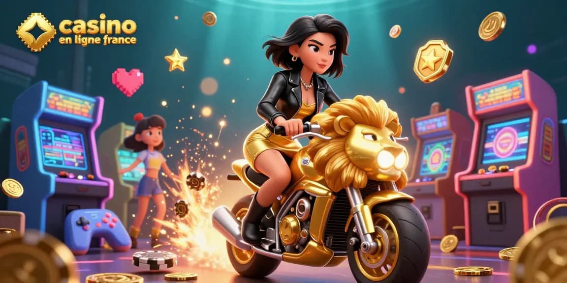Vivez le frisson du casino en ligne France avec une femme glamour chevauchant une mascotte lion en or dans un art 3D vibrant.