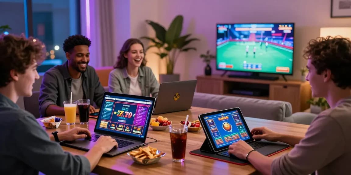 Joueurs en ligne profitant des jeux de casino en ligne France dans un cadre domestique animé