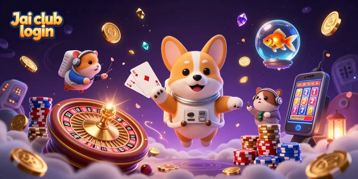 Engage in exciting games with Jai club login as a 3D corgi navigates a casino space station.