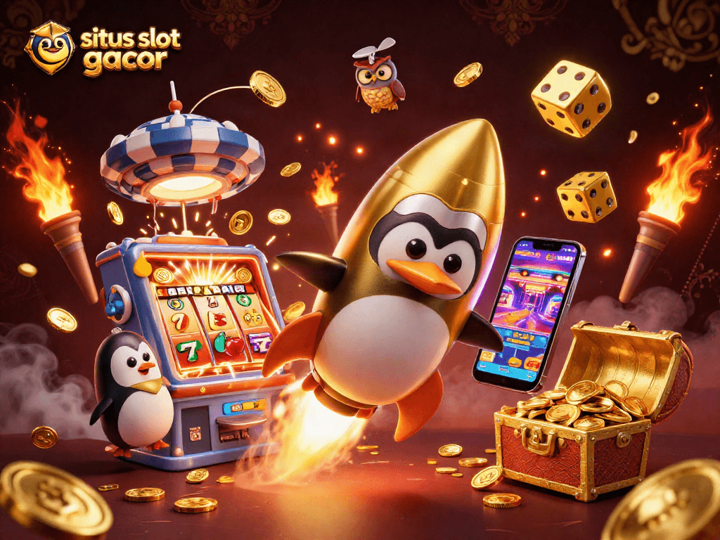 Engage in situs slot gacor excitement with a golden rocket penguin and a lively casino scene.