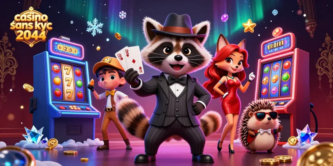 Actionner sur casino sans KYC 2044 avec un homme raton laveur en costume, une femme renarde et un hérisson.