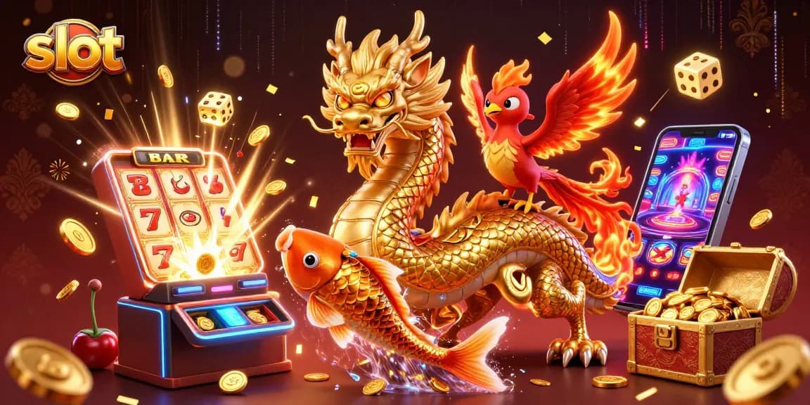 Win big at slots with a dynamic 3D casino scene featuring golden dragons and jackpot machines.