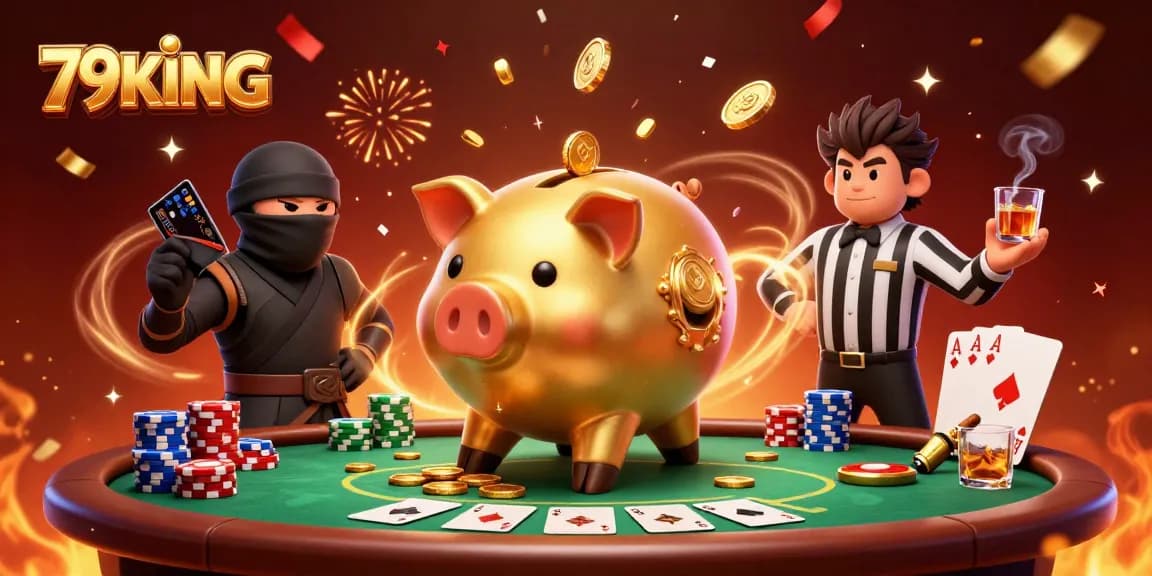 Engage in thrilling poker action with 79KING's animated characters in a vibrant casino scene.