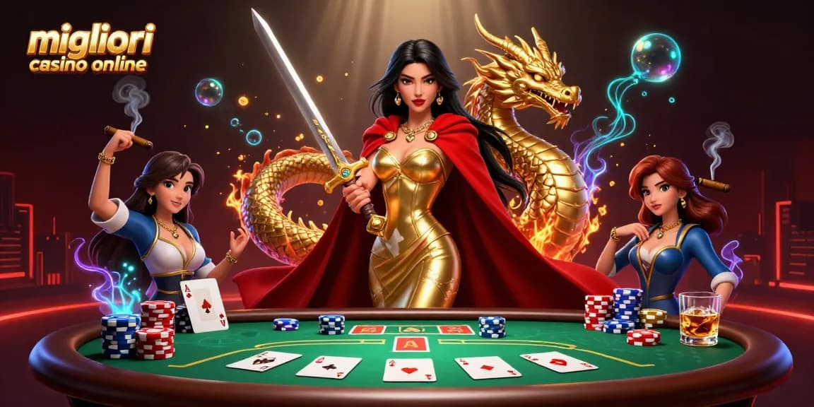 Vivi un'esperienza di gioco vibrante con i migliori casino online, con una regina guerriera tra elementi di poker e magia dei draghi.