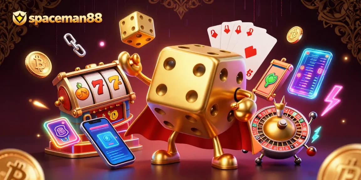 Engage with spaceman88’s vibrant gaming scene featuring dynamic slots, coins, and a playful dice golem.