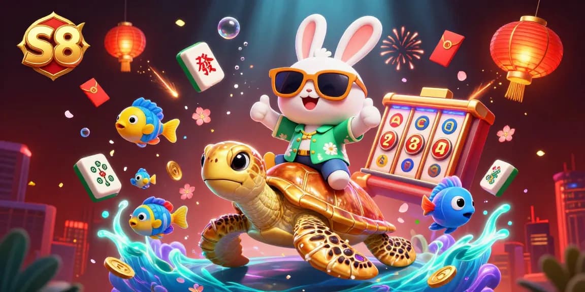Engage with S8's winning strategies on a vibrant 3D casino scene featuring lucky symbols and immersive gameplay elements.
