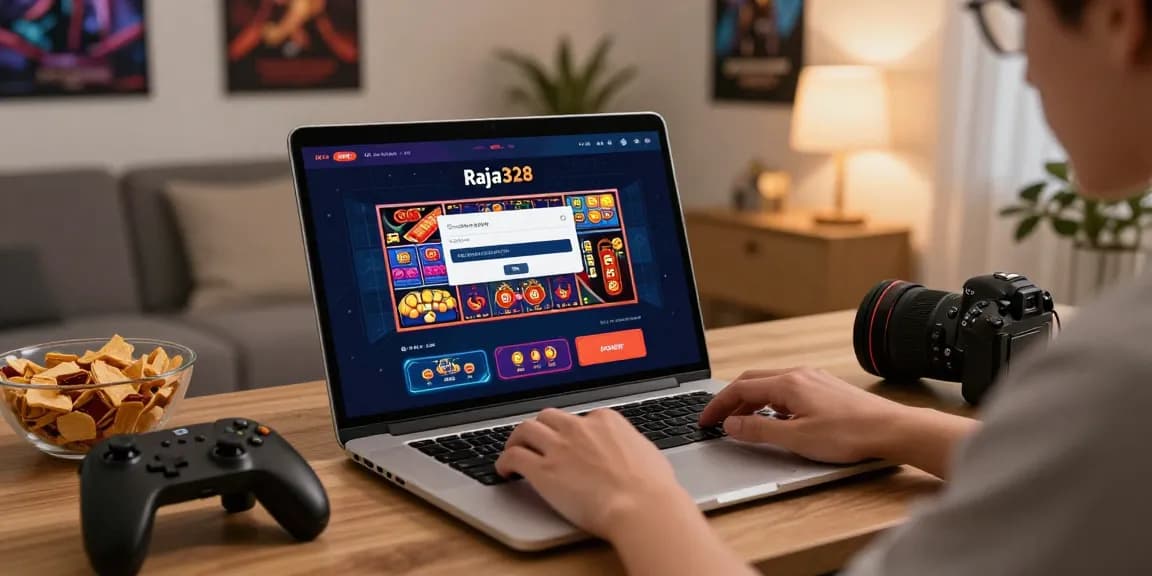 Raja 328 login interface displayed on laptop in cozy gaming setup, showcasing online games.