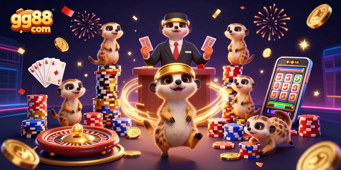 Experience thrilling gaming at gg88 com with a lively meerkat casino scene showcasing excitement and jackpots.